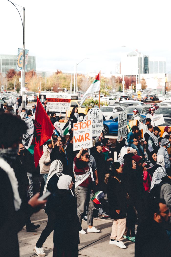 A diverse crowd participates in a peaceful street protest holding flags and signs advocating for change.